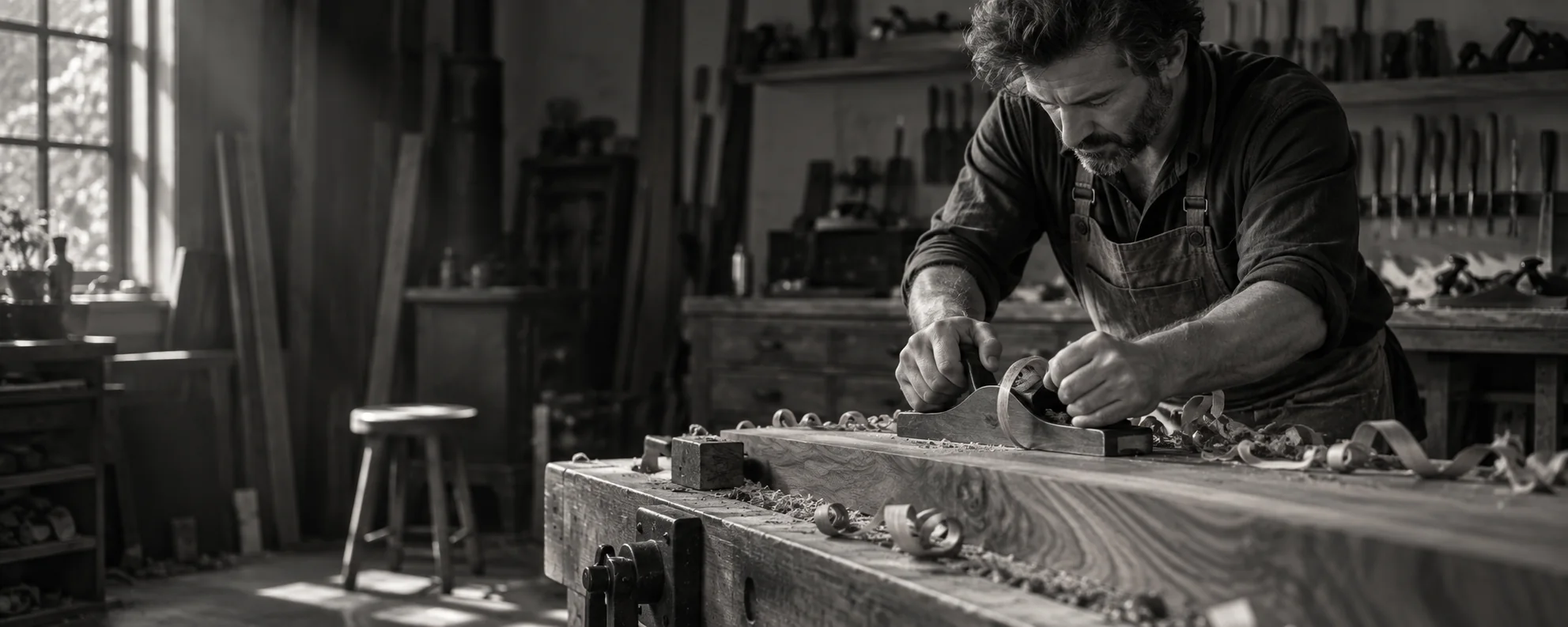 Artigiano al lavoro su un tavolato di legno nel suo laboratorio