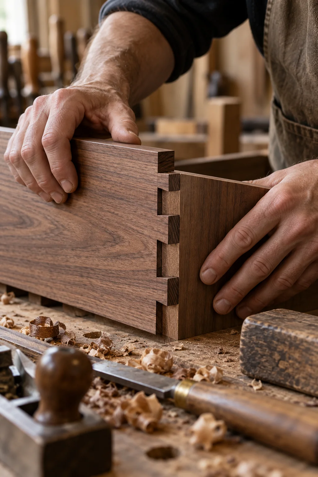 Mani artigiane assemblano un incastro in legno massello