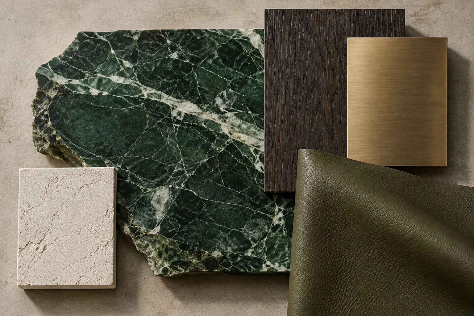 Campioni di materiali: Marmo verde · rovere affumicato · ottone · pelle oliva · intonaco chiaro
