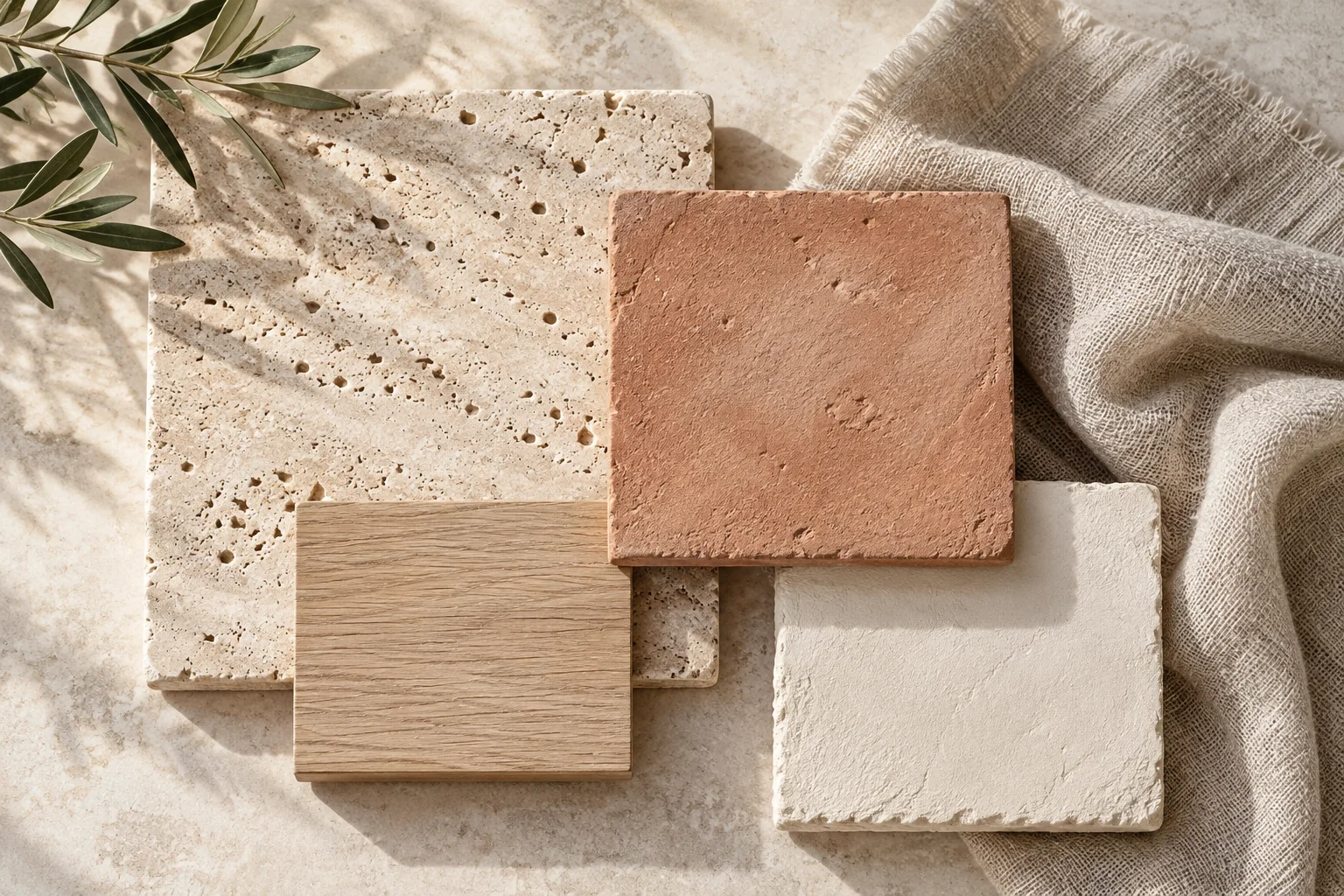 Campioni di materiali: Calce · travertino chiaro · terracotta · lino grezzo