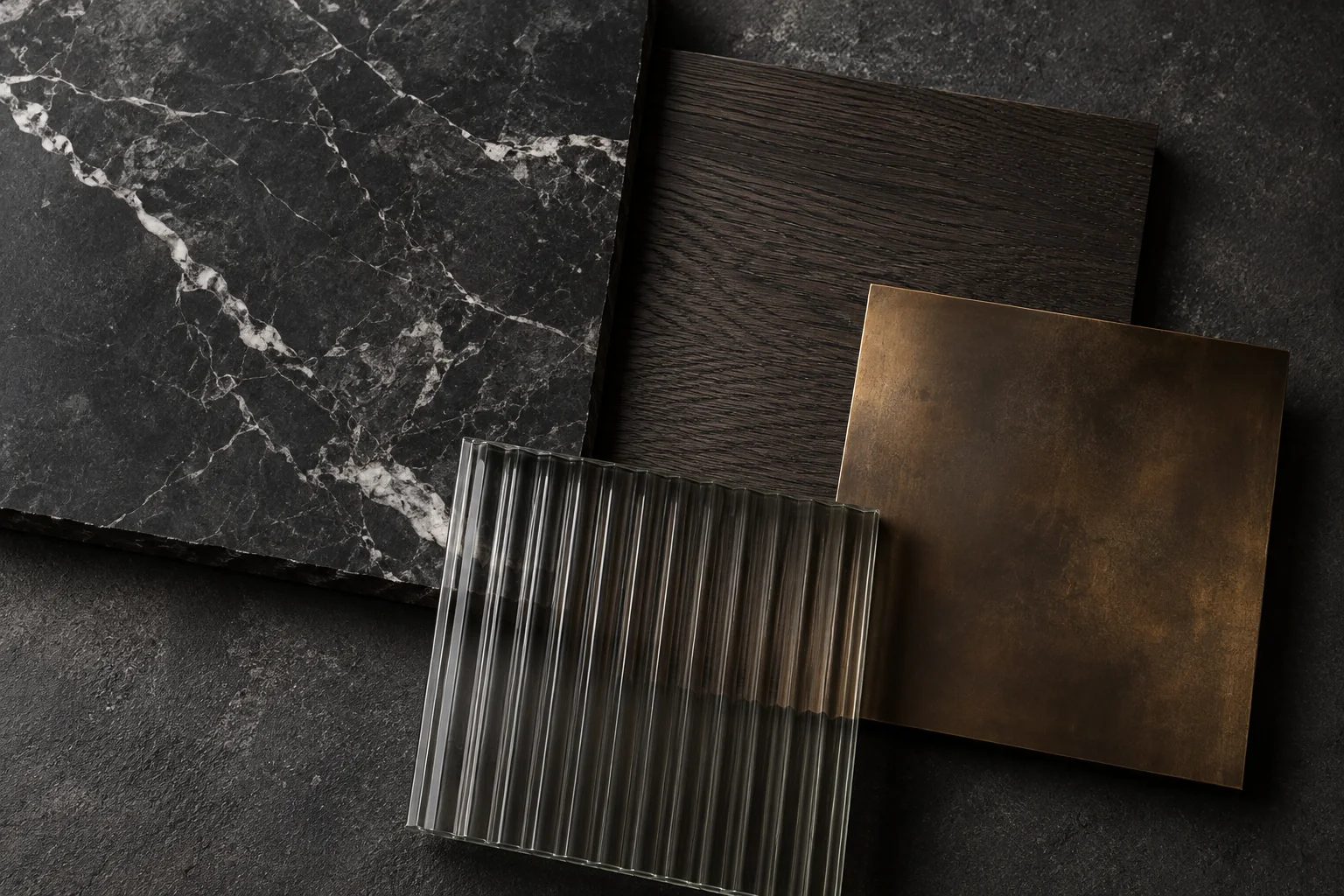 Campioni di materiali: Marmo scuro · rovere affumicato · bronzo brunito · vetro fumé
