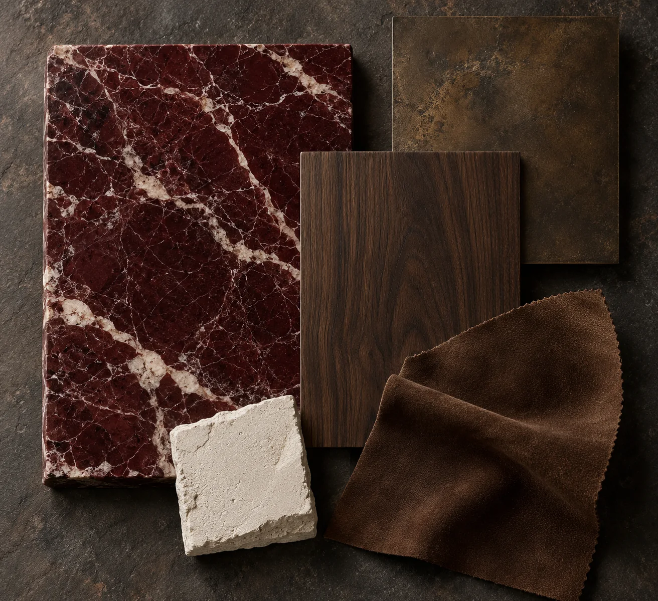 Campioni di materiali: Marmo rosso · noce affumicato · bronzo patinato · suede tabacco