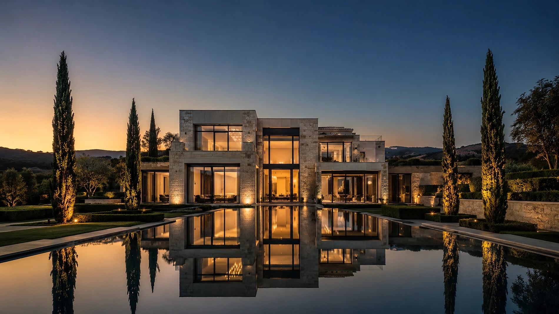 Residenza contemporanea illuminata al tramonto, riflessa nella piscina