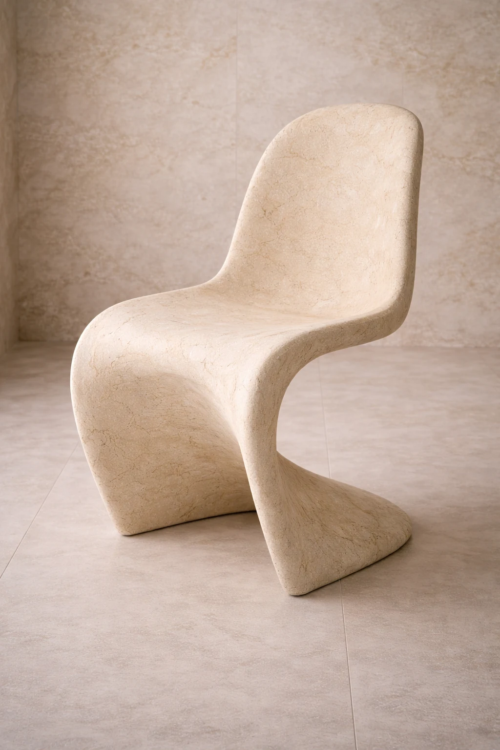 Rendering finale della sedia Panton reinterpretata in pietra